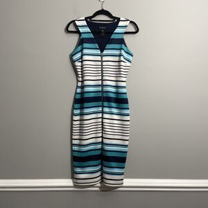 Enfocus Studio Blue Green Striped Dress Front Zip Midi Sleeveless Workwear Sz 6